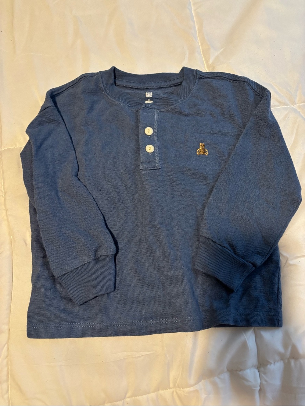 GAP Navy Long-Sleeve Henley with Gold Bear Embroidery